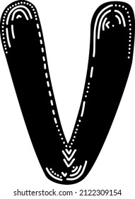 Latin letter "V". Vector black illustration isolated on a white background. Scandinavian style. Beautiful font, template, element, logo, alphabet.