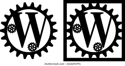 Latin letter W with gears. Steampunk cut file on white background. Card making design