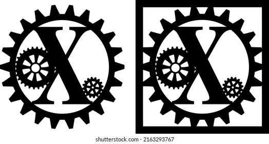 Latin Letter X With Gears. Steampunk Cut File On White Background. Card Making Design