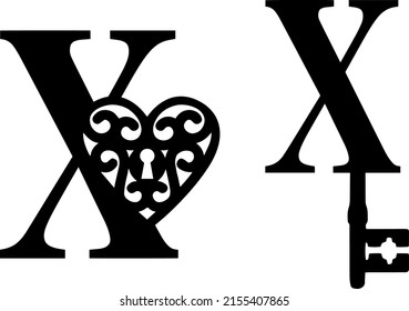 Latin Letter X Key And Lock. Love And Wedding Classic Elements On White Background