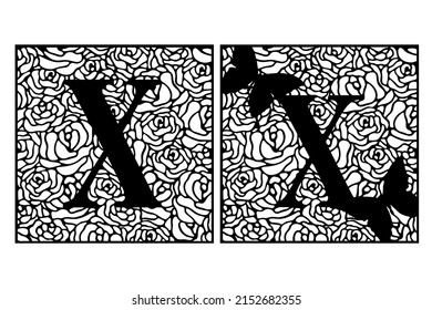 Latin Letter X On Rose Pattern With Butterflies. Summer Cut File On White Background