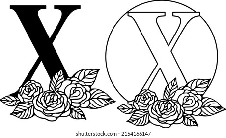 Latin Letter X With Rose Floral Composition. Cut File On White Background