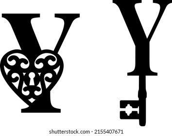 Latin letter Y key and lock. Love and wedding classic elements on white background