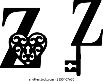 Latin letter Z key and lock. Love and wedding classic elements on white background