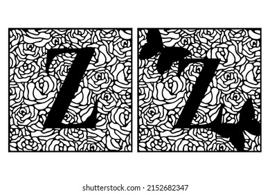 Latin letter Z on rose pattern with butterflies. Summer cut file on white background