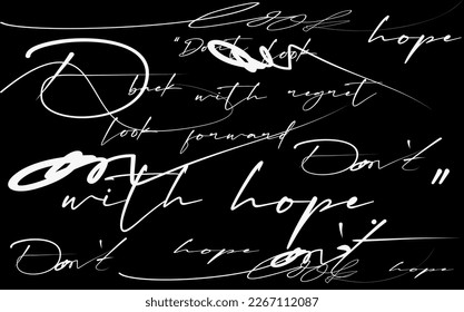 lateinische Buchstaben, Hintergrund, Nahtlose Vektorgrafik. Weißer Text auf schwarzem Hintergrund. Handgeschriebene Wörter Vektor, handgeschriebener abstrakter Text, nahtloses Muster
