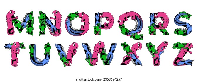 Latin letters in cute childish style. Vector isolated colorful lettering with animals.