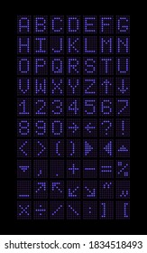 Latin letters, numbers, punctuation and spelling marks in the form of an electronic scoreboard in a purple glow. Vector illustration.