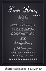 Latin letters on black background. Hand drawn vector calligraphy tattoo alphabet. Handwritten font. Vector Illustration.