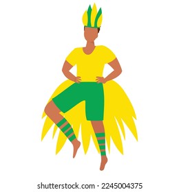 A Latin man is dancing in carnival costume with wings. Isolated on white background. Vector illustration.