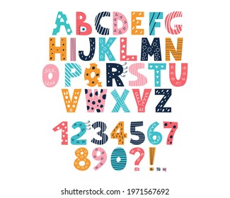 Latin multi-colored alphabet and numbers from 0 to 9 in the style of doodles on a white background. Cute bright vector English capital letters, funny hand-drawn font