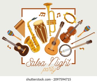 Latin music band salsa vector flat poster isolated over white background, live sound festival concert or night dancing party, Brazil or Cuban musical fiesta theme advertising flyer or banner.