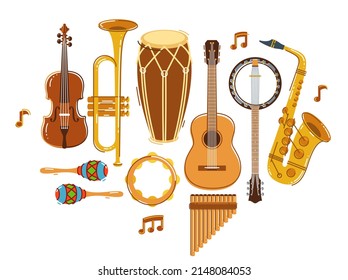 Latin music band salsa vector flat illustration isolated over white background, live sound festival concert or night dancing party, Brazil or Cuban musical fiesta theme.