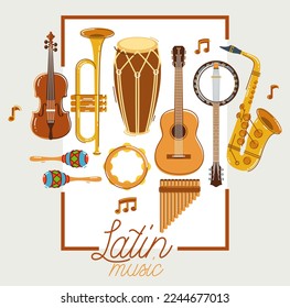 Latin music band salsa vector flat poster isolated over white background, live sound festival concert or night dancing party, Brazil or Cuban musical fiesta theme advertising flyer or banner.