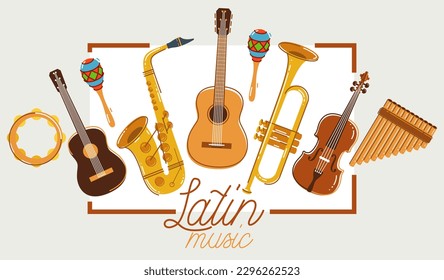 Latin music band salsa vector flat poster isolated over white background, live sound festival concert or night dancing party, Brazil or Cuban musical fiesta theme advertising flyer or banner.