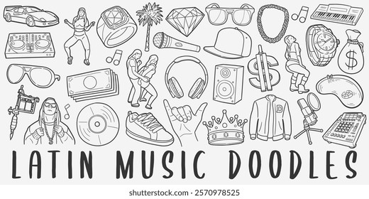 Latin Music Doodle Icons. Hand Made Line Art. Reggaeton Clipart Logotype Symbol Design.	