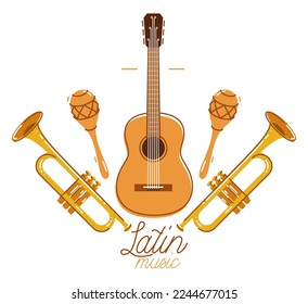 Latin music emblem or logo vector flat style illustration isolated, acoustic guitar logotype for recording label or studio or musical band.