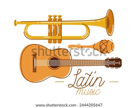 Latin music emblem or logo vector flat style illustration isolated, acoustic guitar logotype for recording label or studio or musical band.