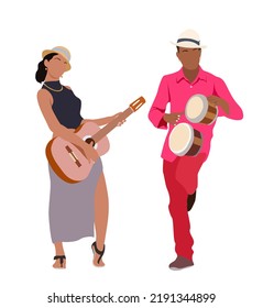 Latin musicians. Girl with guitar and man with drums. Cuban, brazilian, latin american characters. Drawing for poster, flyers, party invitations and cards. Vector art realistic illustration isolated.