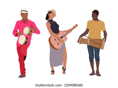 Latin musicians. Girl with guitar and men with drums. Cuban, brazilian, latin american, african characters. Drawing for poster, flyers, invitations, cards. Vector realistic illustration isolated.