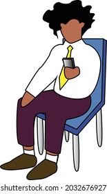 Latin office worker with lush black curly hair in white shirt yellow tie velvet pants brown shoes with white socks sitting on blue chair holding phone in hand isolated vector drawing