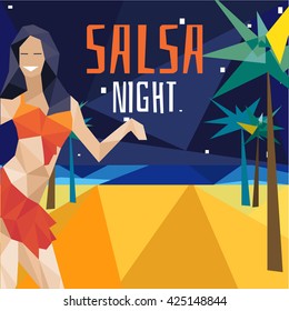 Latin Party Flyer, poster with girl and palm on the beach