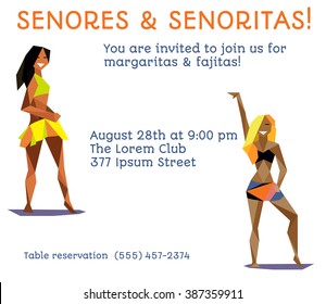 Latin Party Flyer, Poster with girls (Senores and senoritas - Ladies and Gentlemen)