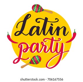 Latin party hand-drawn lettering with maracas and chilly pepper on yellow background for colorful latin dance party banner. Vector illustration