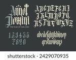 Latin phrase From the Nativity of Christ. Gothic font. Full set of capital, small letters and numbers of the English alphabet in vintage style. Medieval Latin letters. Vector calligraphy and lettering