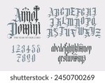 Latin phrase From the Nativity of Christ. Gothic font. Full set of capital, small letters and numbers of the English alphabet in vintage style. Medieval Latin letters. Vector calligraphy and lettering