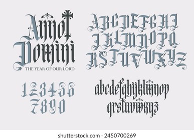 Latin phrase From the Nativity of Christ. Gothic font. Full set of capital, small letters and numbers of the English alphabet in vintage style. Medieval Latin letters. Vector calligraphy and lettering