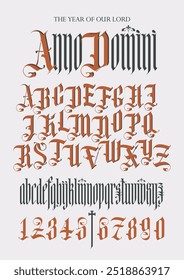 Latin phrase From the Nativity of Christ. Gothic font. Full set of capital, small letters and numbers of the English alphabet in vintage style. Medieval Latin letters. Vector calligraphy and lettering