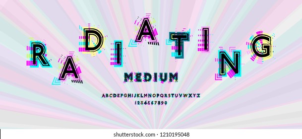 Latin radiating alphabet letters decorated in geometric style. Minimalistic design sans serif font. Cheerful and festive custom typeface. Modern decoration of brochures, presentations, banners, articl