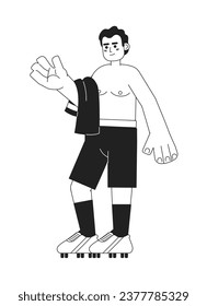 Latin sportsman without shirt monochromatic flat vector character. Man in football boots. Relaxing. Editable thin line full body person on white. Simple bw cartoon spot image for web graphic design
