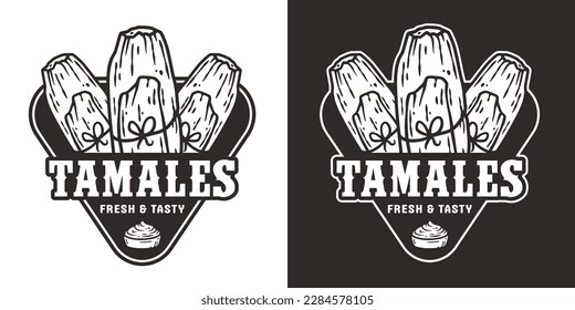 Latin tamale food vector with corn leaves for logo or emblem. Traditional tamales mexican fast food.