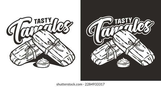 Latin tamale food vector with corn leaves for logo or emblem. Traditional tamales mexican fast food.