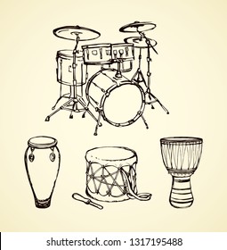 Latin tribal bang culture skin craft tom tam on white paper background. Freehand line black ink drawn conga tomtom darbuka kick logo sign icon pictogram in artistic retro cartoon doodle graphic style