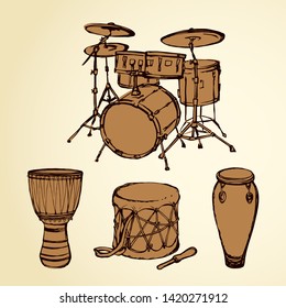 Latin tribal bang culture skin craft tom tam on white paper background. Freehand line black ink drawn conga tomtom darbuka kick logo sign icon pictogram in artistic retro cartoon doodle graphic style