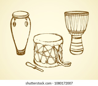 Latin tribe ritual culture skin craft goa tabor. Tom tam on white backdrop. Freehand line black ink hand drawn tamtam logo emblem design in artistic retro cartoon doodle engraving style pen on paper