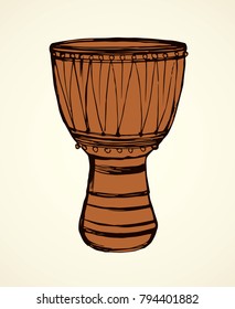 Latin tribe ritual culture skin craft goa tabor. Tom tam on white backdrop. Freehand line black ink hand drawn tamtam logo emblem design in artistic retro cartoon doodle engraving style pen on paper