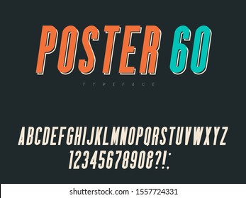Latin uppercase alphabet letters and numbers. Retro poster font. Vector illustration