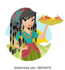 a latin woman with a basket full of fruits