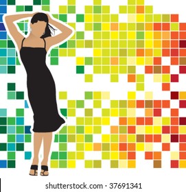 A Latin woman dancing in front of a colorful disco like pattern