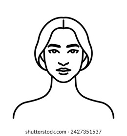 Latin woman, line icon. latin American ethnicity. Portrait young woman. Female face, head, neck, shoulders, front view. Minimalist style, linear illustration, editable strokes