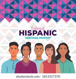 latin women and men cartoons with purple shapes design, national hispanic heritage month and culture theme Vector illustration