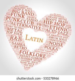 Latin. Word cloud, heart, gradient grey background. Musical styles.