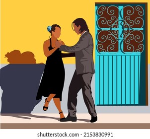 Latina dance. Cuban Dancers in salsa, bachata or tango poses wearing formal costumes dancing on the old street of Habana. Flat vector illustration. 