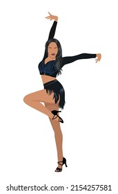 Latina dance. Dancer girl in salsa, bachata or tango pose wearing formal black costume.  Flat vector  illustration isolated on white background.
