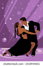 Latina dance. Latina Dancers in salsa, bachata or tango poses wearing formal 
black and white costumes. Cartoon flat vector illustration on decorative violet background.