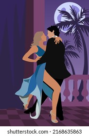 Latina dance. Latina Dancers in salsa, bachata or tango poses wearing formal black and blue costumes. Cartoon flat vector illustration on decorative tropical night background.